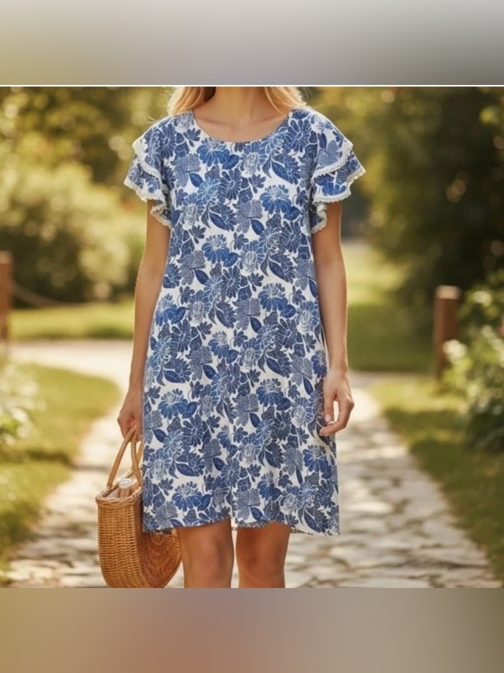 LUISA PERLA Italy Blue Floral Linen Blend Shift Dress Flutter Sleeves size L